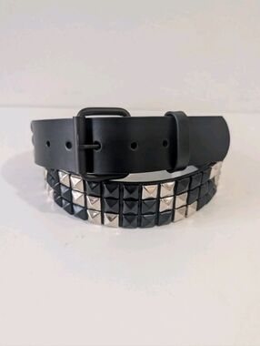 Hot Topic Bonded Leather Studded Belt: Checkered 3 Rows Pyramid Studs